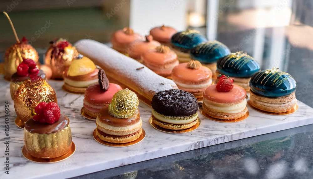 Naklejka premium A collection of luxurious French pastries displayed on a marble counter. Delicate éclairs, colorful macarons, and glossy fruit tarts with gold leaf accents