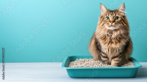 Adorable fluffy cat sitting in a turquoise litter box with fresh litter, bright and vibrant background, capturing the charm of feline pets at home.