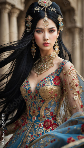 A highly detailed and stylized portrait of a woman in traditional attire, against a blurred architectural background