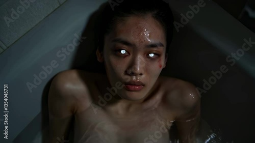 Young woman with glowing white eyes lies in bathtub, staring upward in silence with wet skin, evoking supernatural possession and psychological horror
