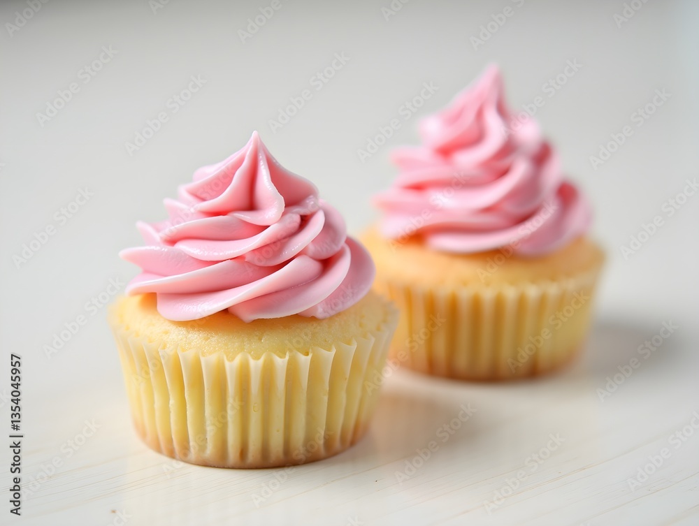 Two small cakes with pink frosting on top Two small cakes with pink frosting on top