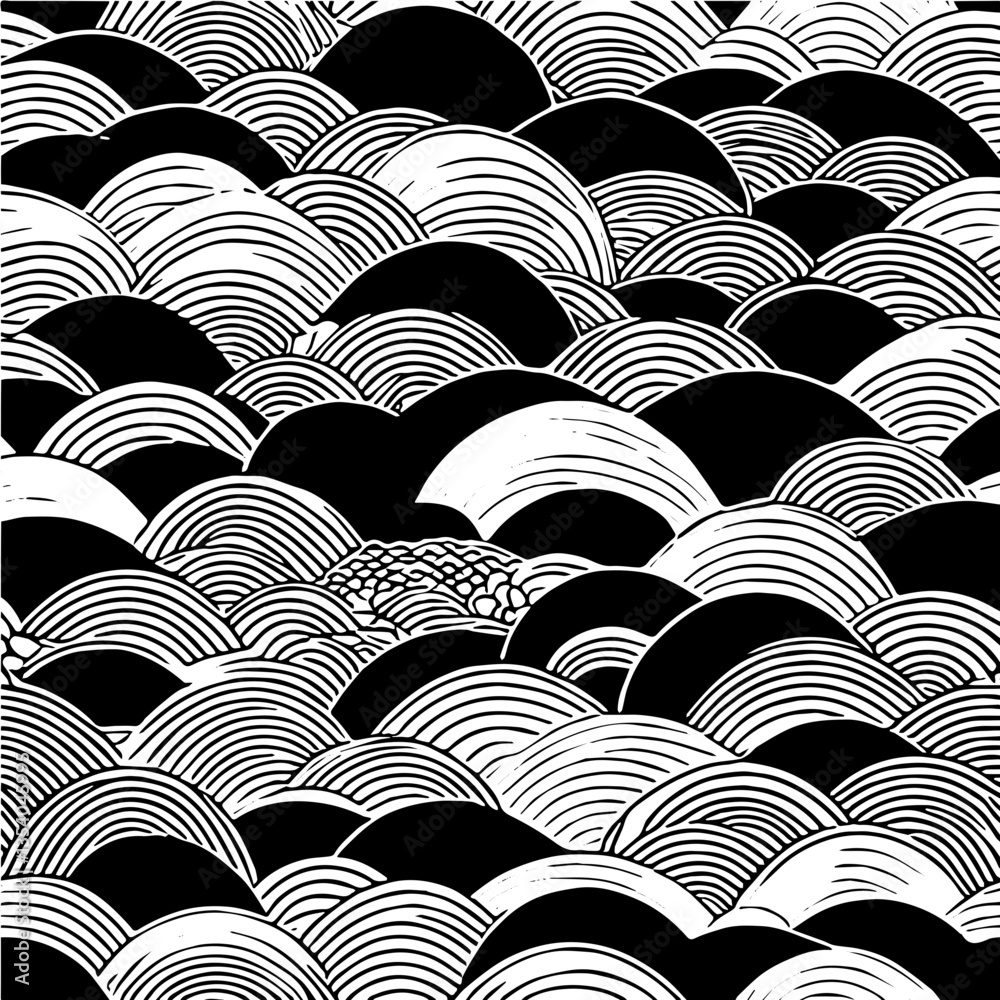 A seamless black and white background vector pattern featuring traditional Japanese Seigaiha waves, with smooth curved lines creating an elegant and timeless design A seamless black and white background vector pattern featuring traditional Japanese Seigaiha waves, with smooth curved lines creating an elegant and timeless design