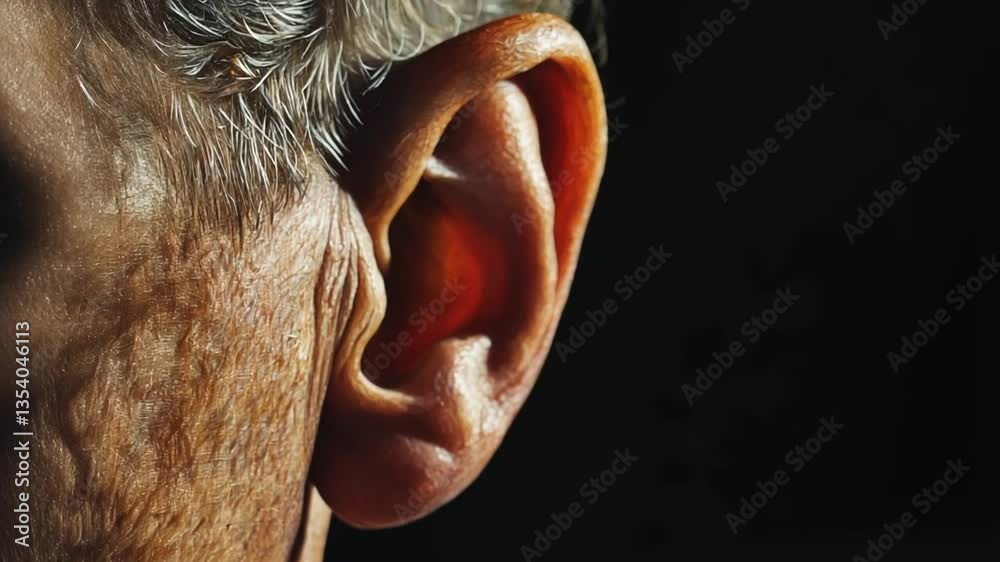 A highly detailed and realistic oil painting of an elderly person's ear, close-up.