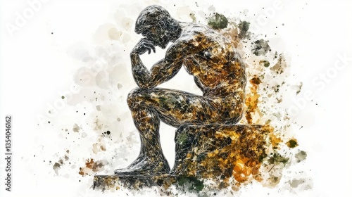 The Thinker Reimagined: A Watercolor Digital Art Depiction of Rodin's Masterpiece