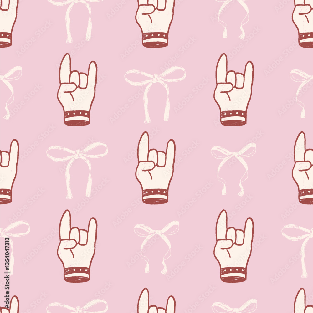Fototapeta premium Coquette seamless pattern. Girly punk rock and roll marker endless background. Bow and horns repeat cover. Crayon continuous ornament. Surface pattern design ribbon. Vector hand drawn illustration.