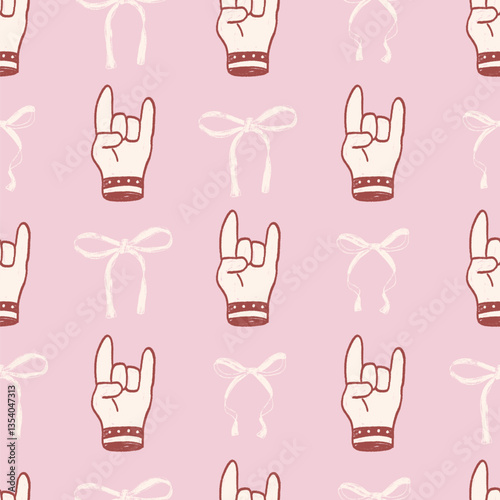 Coquette seamless pattern. Girly punk rock and roll marker endless background. Bow and horns repeat cover. Crayon continuous ornament. Surface pattern design ribbon. Vector hand drawn illustration.