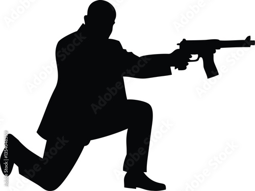 silhouette bodyguard or spy man with gun in hand
