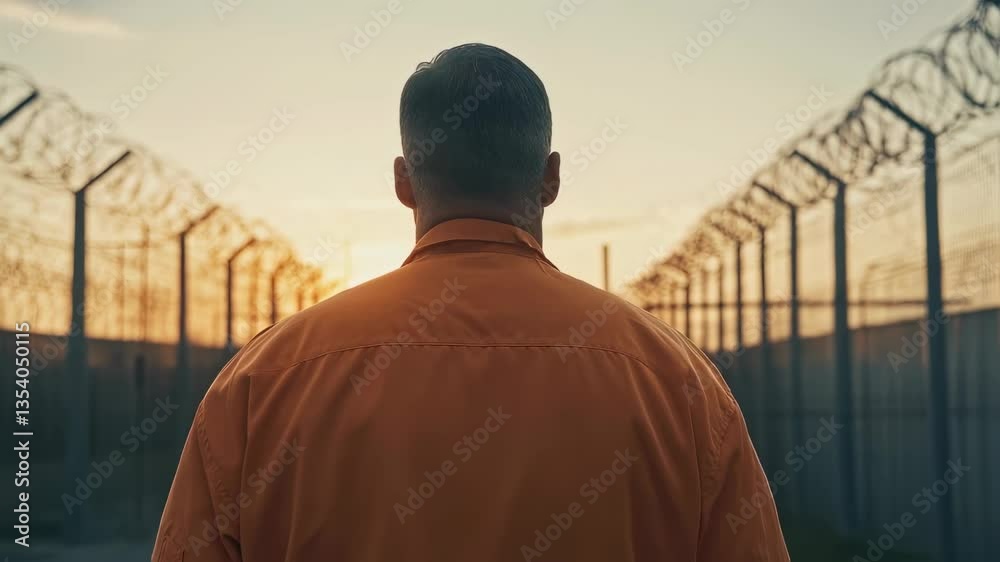Male prisoner in orange uniform walks slowly along a barbed wire fence at sunset, heading toward the light in a symbolic moment of hope, freedom and emotional release