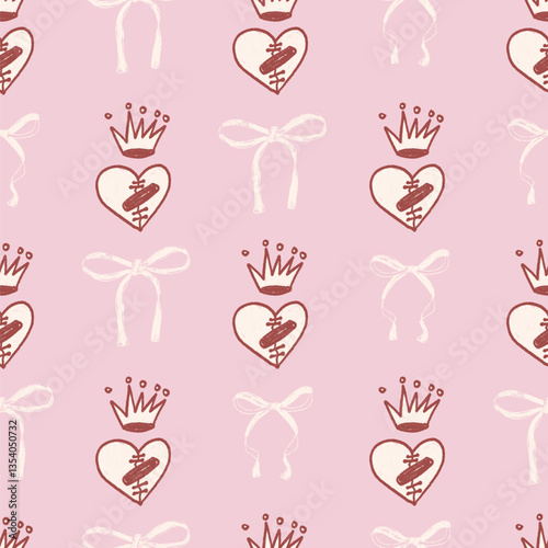 Coquette crayon seamless pattern. Girly marker endless background. Bow and broken heart with crown repeat cover. Crayon love continuous ornament. Vector hand drawn illustration.