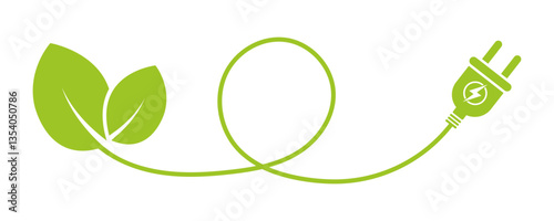 Cable and leaf vector icon. Electric cable with green leaf. Save ecology. Renewable energy. 