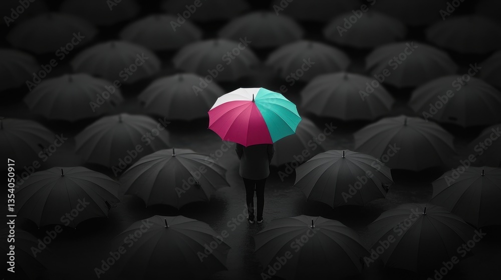 Obraz premium A Unique Individual with a Colorful Umbrella Stands Out in a Sea of Gray Umbrellas in an Artistic and Dramatic Outdoor Environment