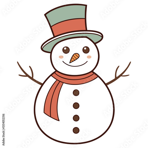 Cheerful Snowman Cartoon with Hat and Scarf Smiling in Festive Winter Design Isolated