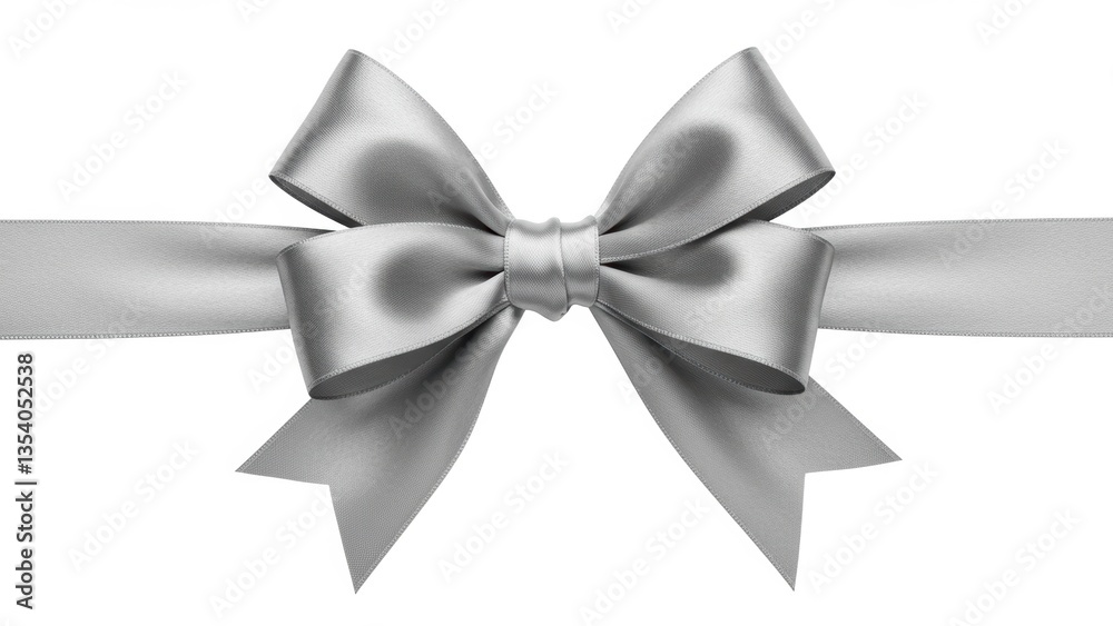 A shiny silver bow with elegant detailing on a white background. A shiny silver bow with elegant detailing on a white background.