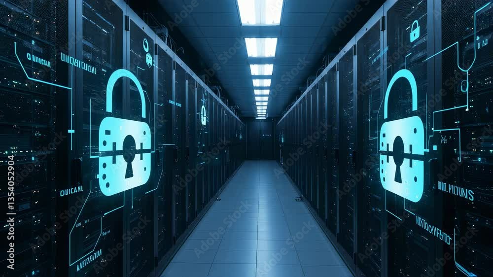 Server room with rows of racks and holographic padlocks representing the concept of cybersecurity and data protection