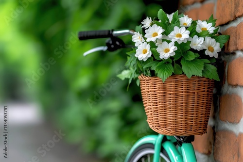 Charming bicycle with wicker basket filled with fresh flowers parked against old brick wall in sunny alley