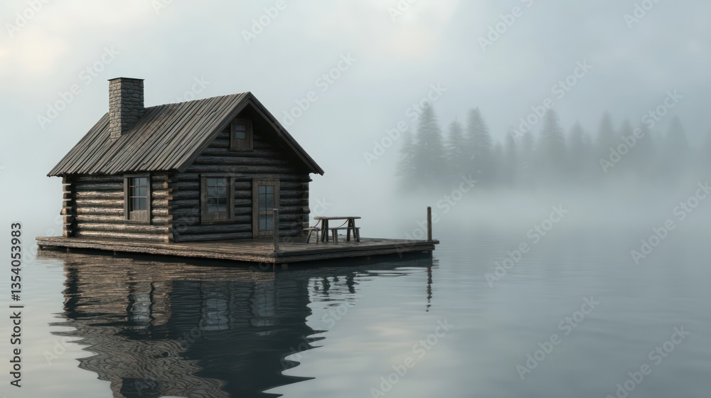 Fototapeta premium 3D cabin model with wooden logs, placed in a serene lake setting with mist rising in the background