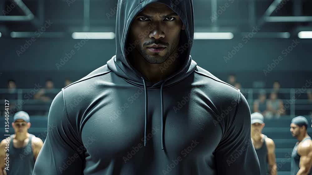 Muscular man in hooded sweatshirt standing in gym with intense focus and group of athletes training in background
Muscular man in hooded sweatshirt standing in gym with intense focus and group of athletes training in background