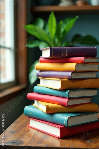 Colorful books stacked in a random order on a wooden table , home study, library