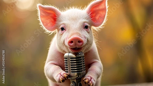 Cute Piglet Holding Microphone in Autumn Environment with Bokeh Background and Playful Expression, Capturing Joy and Fun Moments