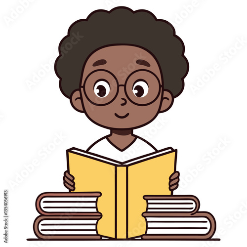 Cheerful AfricanAmerican Boy with Glasses Reading Book Stack Icon