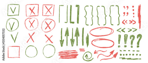 Check marks, arrow doodle set. Crayon underlines, quotation marks, brackets and signs. Scribble pencil emphasis note highlights. Vector hand drawn collection illustration isolated on white background.