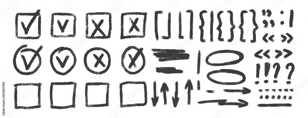 Check marks, arrow doodle set. Charcoal underlines, quotation marks, brackets and signs. Scribble sketch pencil emphasis note highlights. Vector hand drawn illustration isolated on white background.
