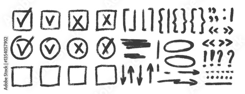 Check marks, arrow doodle set. Charcoal underlines, quotation marks, brackets and signs. Scribble sketch pencil emphasis note highlights. Vector hand drawn illustration isolated on white background.