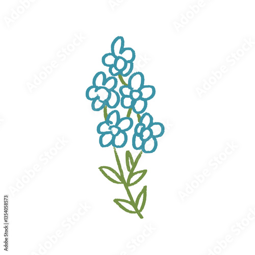 Wildflower brunch crayon drawn. Spring field plant doodle. Summer floral kids element. Chalk or pastel style childish scrawl nature shape. Vector illustration by pencil isolated on white background.