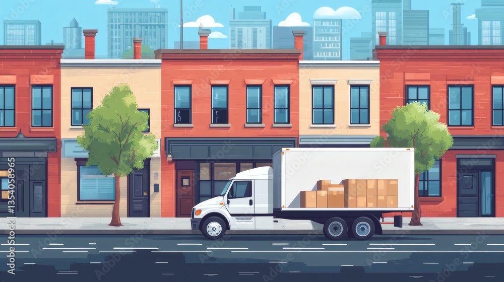 Fototapeta premium A white delivery truck loaded with cardboard boxes parked on a city street, next to brick buildings.