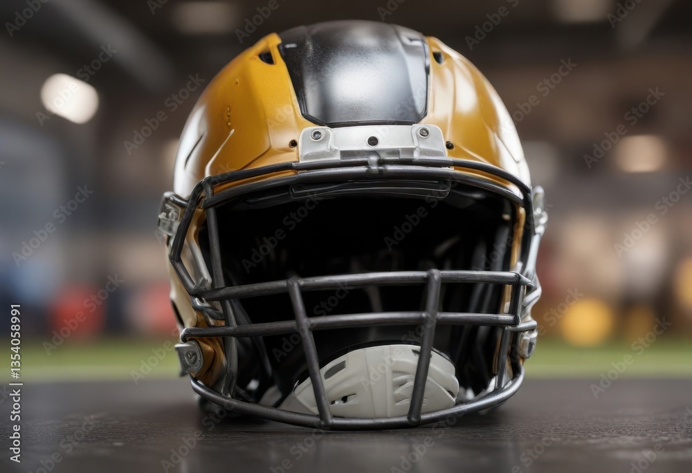 Fototapeta premium Football helmet in focus with blurred background, crowd, athletic