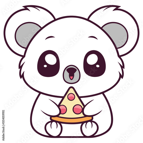 Cute Kawaii Polar Bear Cartoon Character Holding a Slice of Pizza with Round Eyes