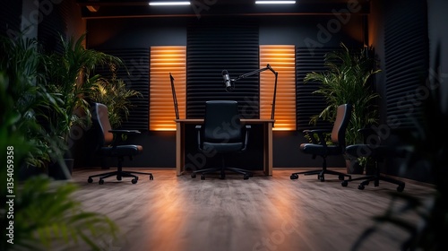 Modern Podcast Studio Interior Design: Professional Recording Space with Warm Lighting and Lush Greenery