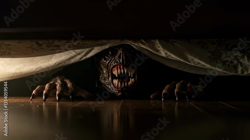Terrifying creature with sharp claws and distorted face lurks under bed hiding in the darkness