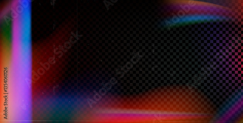 Film light leaks texture. Distressed retro photo burn effect. Movie filter overlay frame. Blur bright gradient with dust, scratches. Iridescent laser beam stripes. Vector transparent decoration.