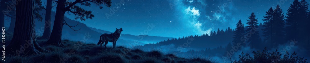 Fototapeta premium Dense forest under starry night sky with howling wolf in distance, wildlife, night