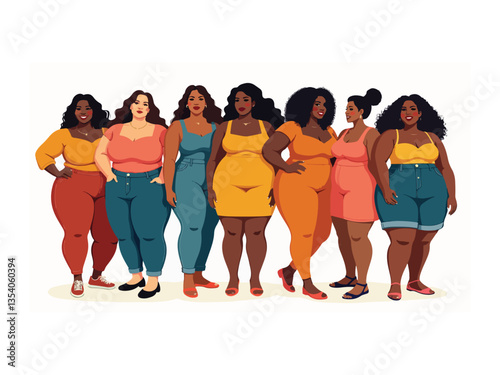 plus size curved women. woman with belly fat. Illustration of many fat women. Isolated on white vector

