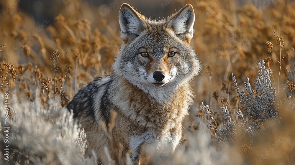 Fototapeta premium Coyotes in the wild, staring intensely at the camera.