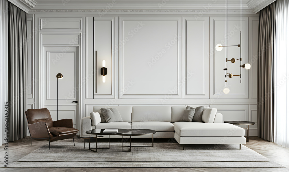 Fototapeta premium 2..3D Rendering, Empty Wall Mockup, Living Room Mock Up in Scandinavian Style, Minimalist Modern Living Room Interior Background