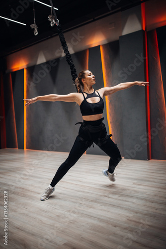 Fotografie Young attractive fit female athlete wearing black sports bra and leggings doing
