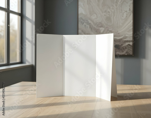 Blank Trifold Brochure on Wood Table Mockup Ready for Design