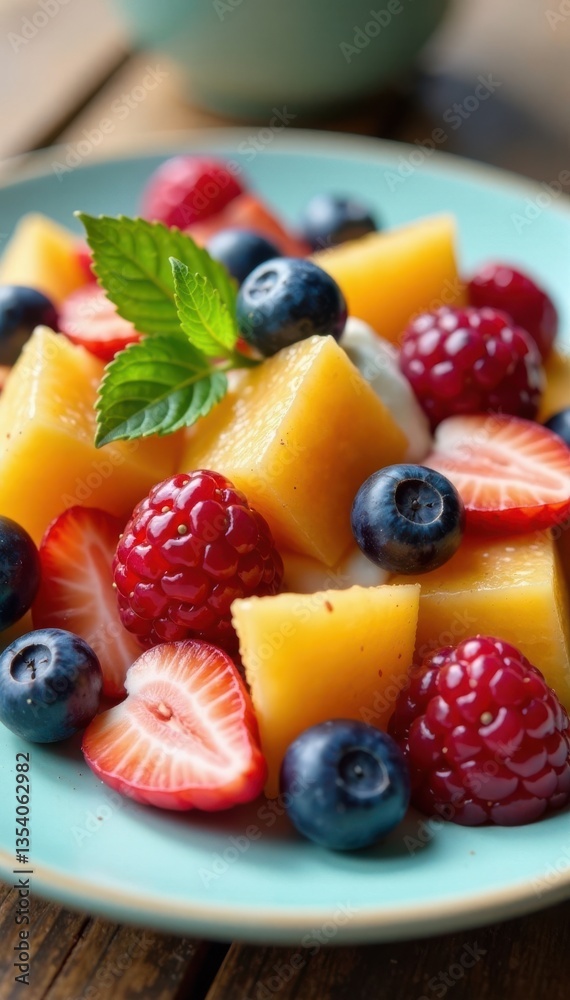 Fresh fruit salad and yogurt parfait on a colorful plate, fruit, bowl Fresh fruit salad and yogurt parfait on a colorful plate, fruit, bowl