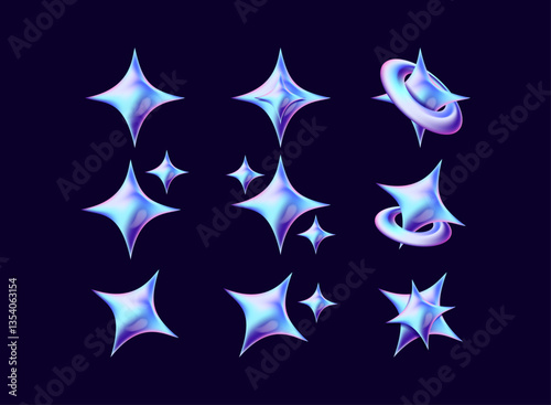 set of 3d star sparkle vector illustration with hologram light vibrant glossy style