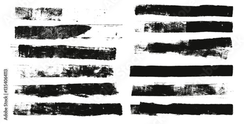 Grunge brush paint stokes. Brayer ink black lines. Thick paint rolled stripe stamps set. Vector smear stain labels collection isolated on white background. Ragged abstract rectangle paintbrush figure