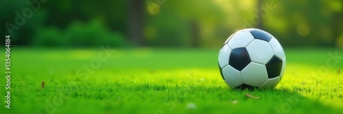 Lone soccer ball rests on lush green football field Ample space , background image, leisure, playing field