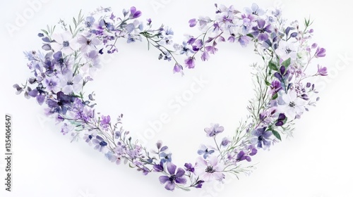 Purple Watercolor Flowers Arranged in a Heart Shape on a White Background