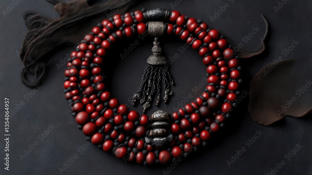 Fototapeta premium Intricate layered necklace of red and dark stones, featuring metal accents and tassel