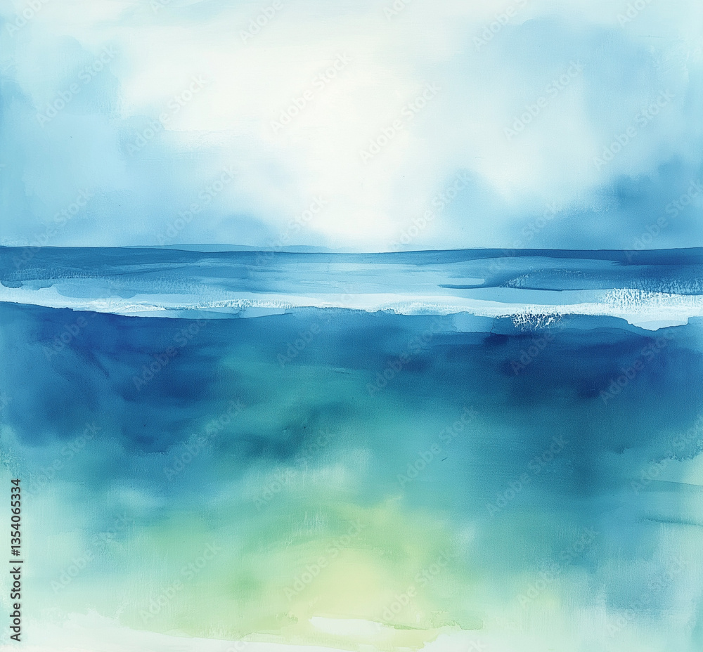 Naklejka premium Minimalist Abstract Watercolor Painting of Light Blue and Teal Sea and Sky
