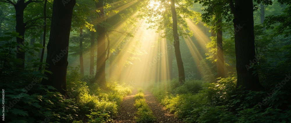 Obraz premium Sun rays breaking through the dense foliage of a green forest