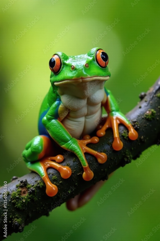 Fototapeta premium Frog perched on a tree branch, branch, foliage