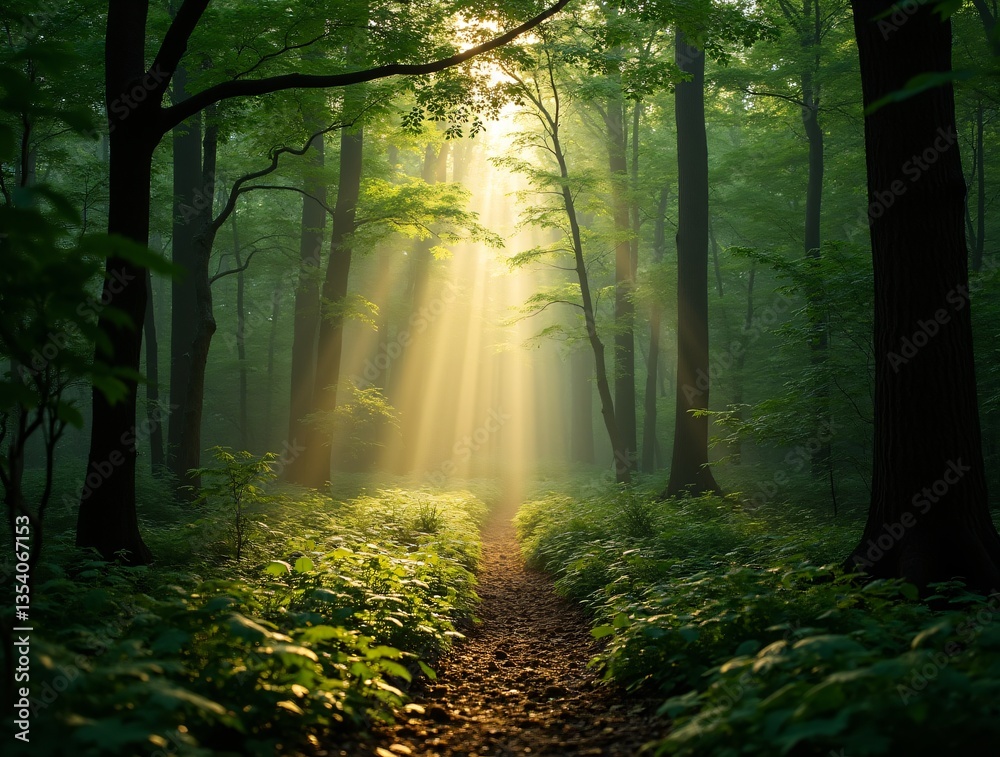 Fototapeta premium Sun rays breaking through the dense foliage of a green forest